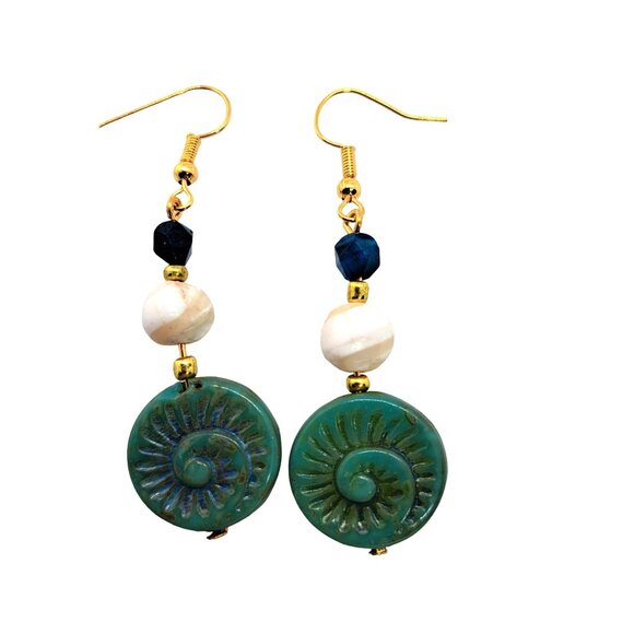 Handmade Czech glass seashell mother of pearl faceted agate 1-1/2"  earrings - Picture 1 of 2